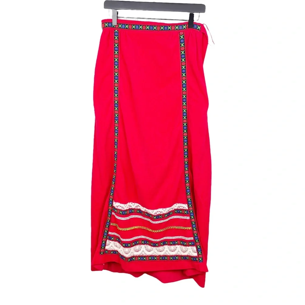 Vintage 1970s Velvety Soft Red Floral Embroidered Maxi Skirt by Evelyn Pearson
